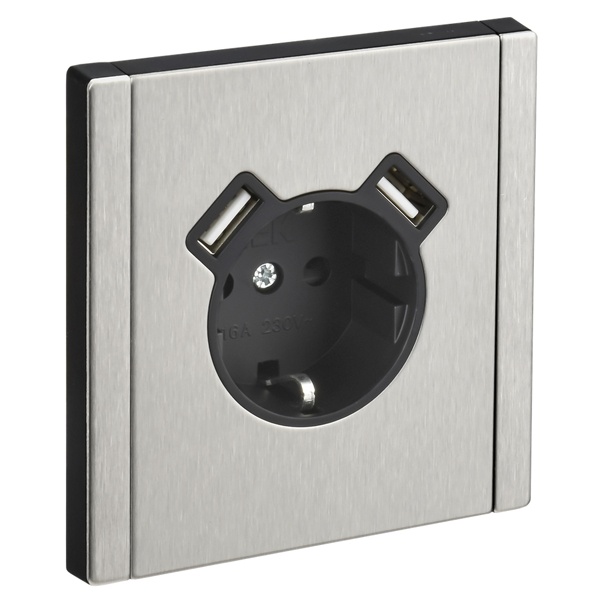 Розетка с зарядкой ИЭК FORTE&PIANO FP745M 2Р+Е 16А шторки USB A+A 3,1А металл никель