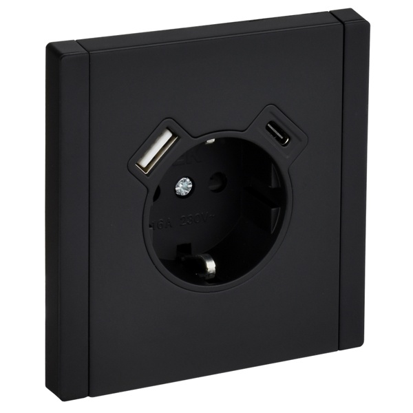 Розетка с зарядкой ИЭК FORTE&PIANO FP147M 2Р+Е 16А шторки USB A+C 18Вт металл черный