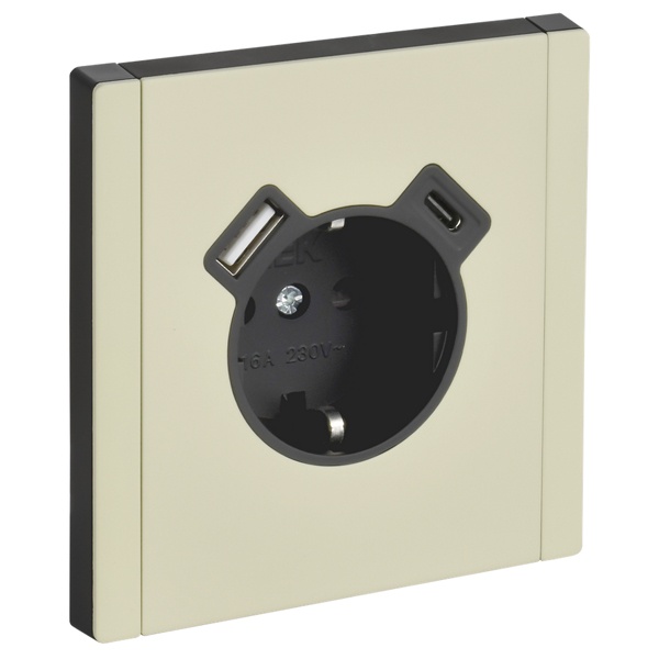 Розетка с зарядкой ИЭК FORTE&PIANO FP847M 2Р+Е 16А шторки USB A+C 18Вт металл слоновая кость (бежевый)