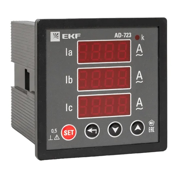 Амперметр цифровой на панель EKF трехфазный 0,05-5А АС 0,5 72х72х80мм