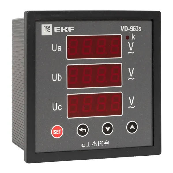 Вольтметр цифровой на панель EKF трехфазный 30-500В АС 0,5 в коротком корпусе 96х96х65мм