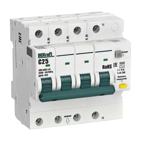 Дифференциальный автомат DEKraft ДИФ-103 электронный C25А 300мА тип АС 3P+N 4,5кА (дифавтомат, АВДТ)