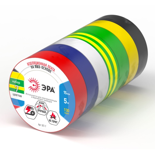 Изолента ПВХ ЭРА 15мм х 5м (7 цветов в упаковке)