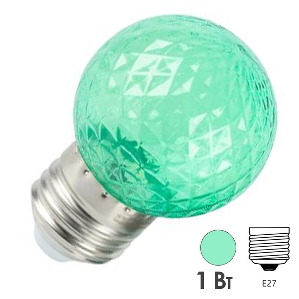Лампа светодиодная Feron LB-385 шарик G45 1W зеленый 230V E27 прозрачная