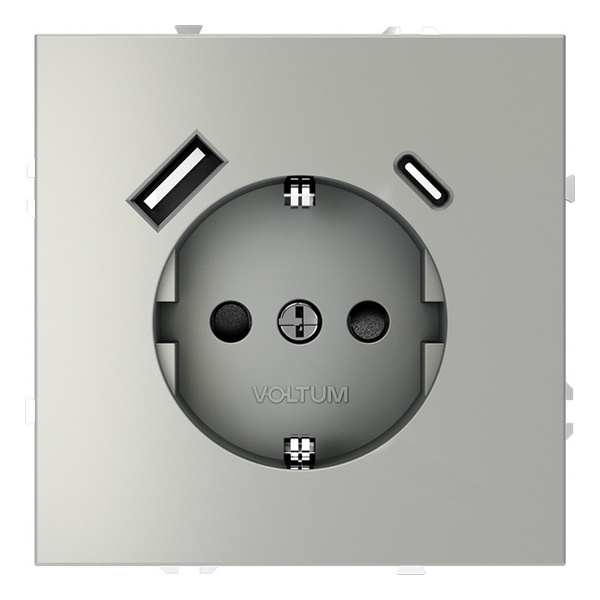 Розетка встраиваемая Voltum S70 с заземлением и защитными шторками 16А с USB A+С сталь