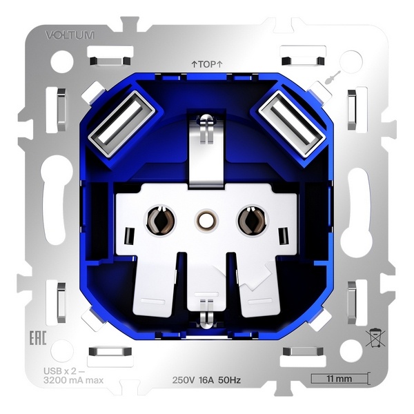 Механизм розетки с заземлением и защитными шторками Voltum S70 16А с USB A+A