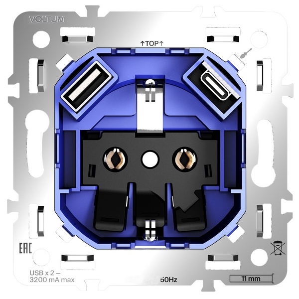 Механизм розетки с заземлением и защитными шторками Voltum S70 16А с USB A+C
