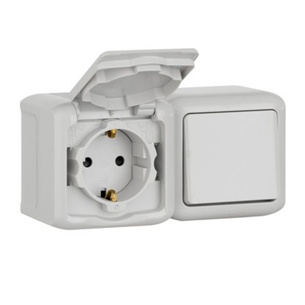 Розетка+выключатель Legrand Quteo с заземлением со шторками IP44 серая