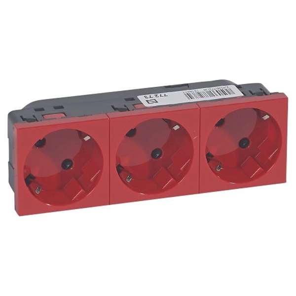 Розетка Legrand Mosaic 3х2К+З 45° для любых суппортов автозажим 6М, красная