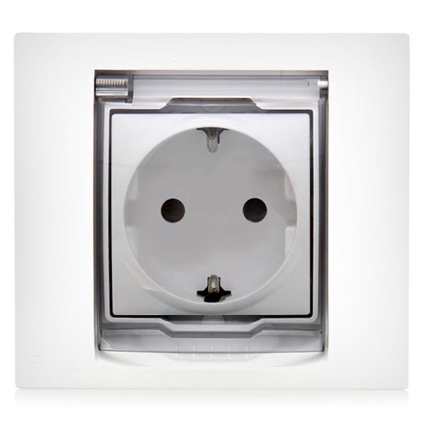 Розетка с заземлением со шторками с крышкой (IP44) с рамкой SE Unica, белый