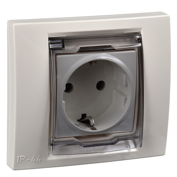 Розетка с заземлением со шторками с крышкой (IP44) с рамкой SE Unica, бежевый