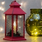 Декоративный фонарь со свечкой, красный корпус, размер 13.5х13.5х30,5 см, цвет теплый белый