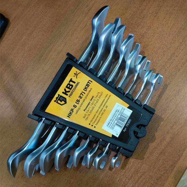 Набор двухсторонних рожковых ключей КВТ НКР-8 (8-27) для монтажа резьбовых соединений