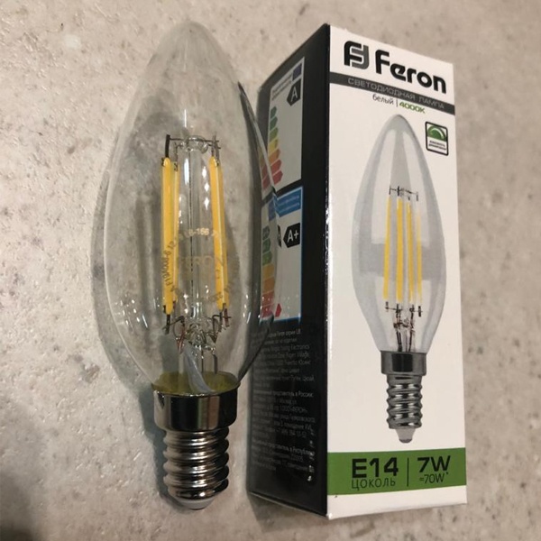 Диммируемая филаментная лампа свеча Feron LB-166 7W 230V E14, белый свет
