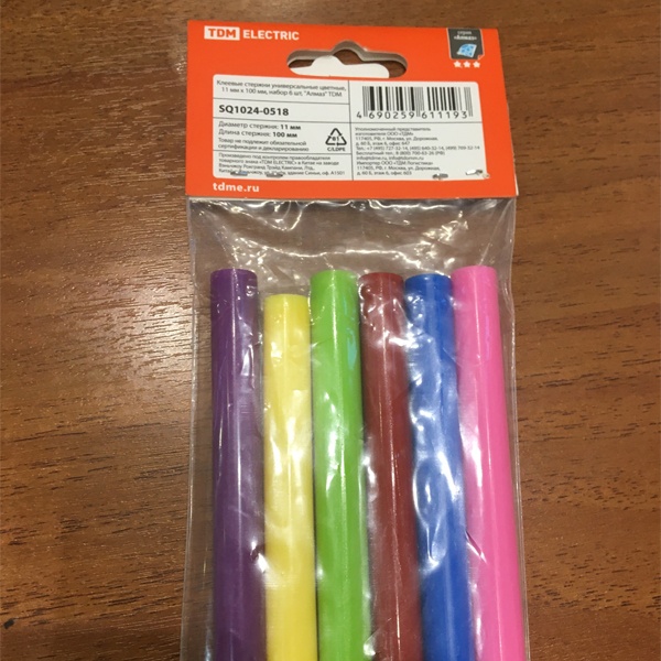 Стержни диаметром 11 мм, длиной 100 мм, разноцветные, для клеевого пистолета
