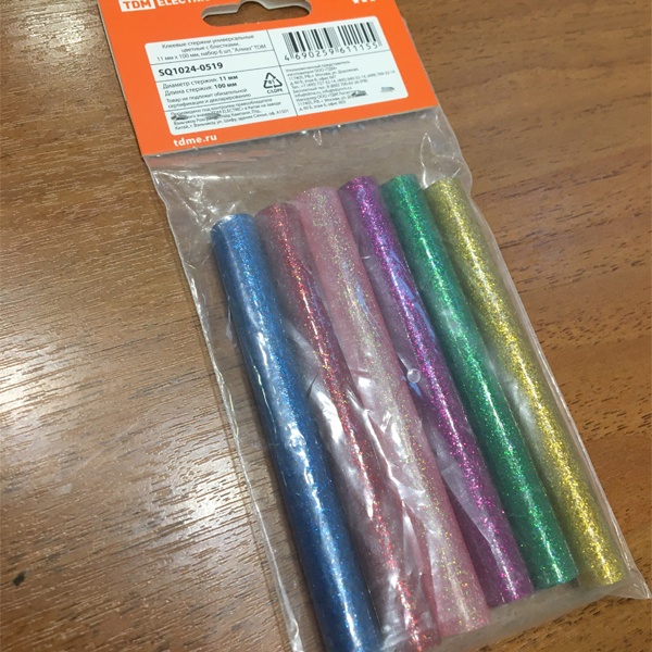 Стержни диаметром 11 мм, длиной 100 мм, разноцветные с блестками, для клеевого пистолета