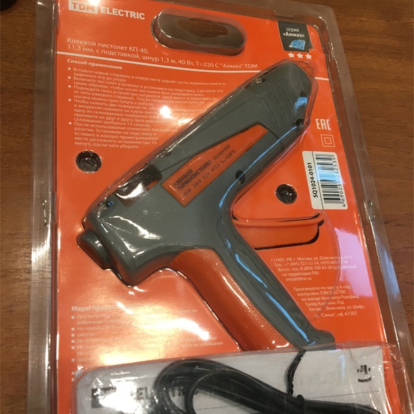 Клеевой пистолет мощностью 40 Ватт, для стержней D 11 мм, ТДМ