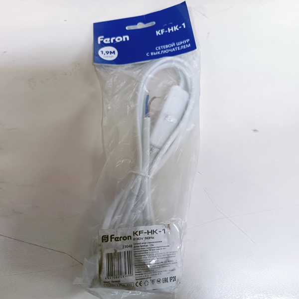 Сетевой кабель с выключателем Ферон KF-HK-1 230 В 1,9 м, белого цвета