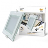 Светильник встраиваемый Gauss Glass квадрат 6W 3000K 450lm L-100 l-70 h-35 декоратив стекло IP20 LED