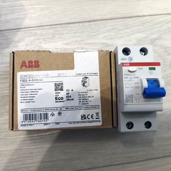Однофазное устройство защитного отключения ABB F202 номинальный ток 63А, ток утечки 30mA, тип A, 2 полюса, 2 модуля