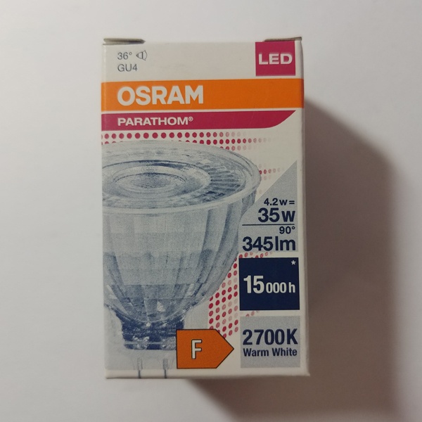 Светодиодная, низковольтная, лампочка акцентного освещения Осрам, мощностью 4,2 Ватта, с цоколем GU4, теплый свет