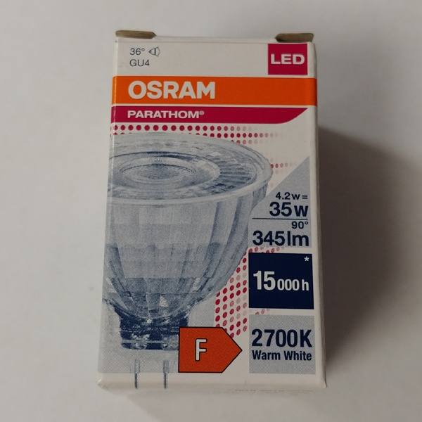 Светодиодная, низковольтная, лампочка акцентного освещения Осрам, мощностью 4,2 Ватта, с цоколем GU4, теплый свет