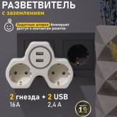 Двойник электрический Rexant 16 А с заземлением и защитными шторками + 2 USB порта, 2,4 А, белый