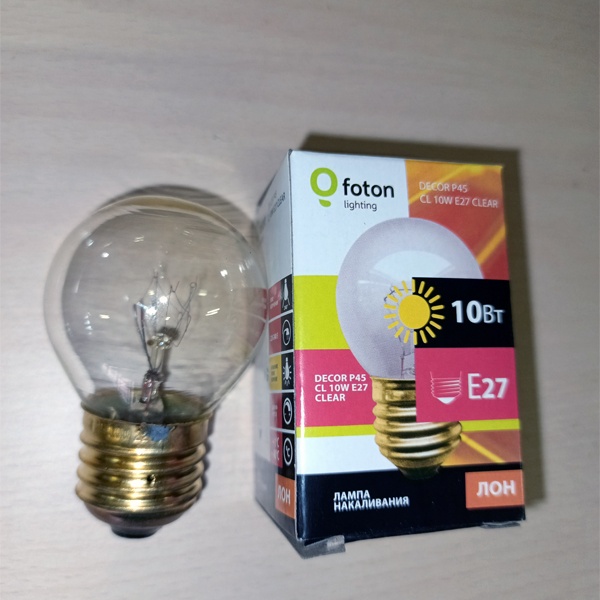 Лампа накаливания, декоративная Decor P45, прозрачная колба, 10Вт