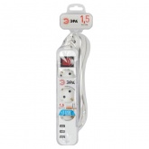 Удлинитель ЭРА U-3es-1,5m-USB c заземлением с выключателем 3 розетки + 3xUSBA 1,5м 10А белый