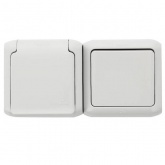 Розетка+выключатель Legrand Quteo с заземлением со шторками IP44 серая