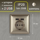 Розетка Intro 2P+E Schuko со шторками 16А-250В + 2хUSB Solo, шампань 4-410-04