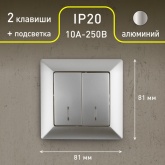 Выключатель двойной с подсветкой Intro 10А-250В Solo, алюминий 4-105-03