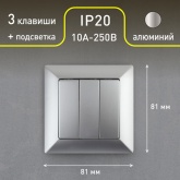 Выключатель тройной Intro 10А-250В Solo, алюминий 4-106-03
