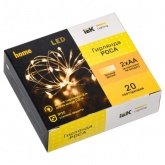 Гирлянда роса ИЭК 2м 20 светодиодов теплый белый свет IP20 прозрачный шнур 0,5м от батареек 2xAA