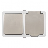 Блок (горизонтальный) TDM Вуокса выключатель одноклавишный+розетка 2П+З шторки IP54 белый