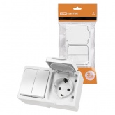 Блок (горизонтальный) TDM Вуокса выключатель двухклавишный+розетка 2П+З шторки IP54 белый