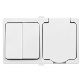 Блок (горизонтальный) TDM Вуокса выключатель двухклавишный+розетка 2П+З шторки IP54 белый