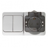 Блок выключатель двухклавишный + розетка с/з SE Этюд IP44 серый