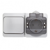 Блок переключатель одноклавишный + розетка с/з SE Этюд IP44 серый