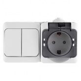 Блок выключатель двухклавишный + розетка с/з SE Этюд IP44 белый