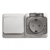 Блок выключатель одноклавишный + розетка с/з SE Этюд IP44 белый