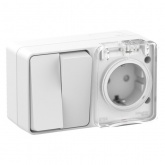 Блок: розетка SE AtlasDesign 2П+3 шторки 16А + 2-к выкл. 10A открытой установки Profi54 IP54 белый