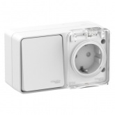 Блок: розетка SE AtlasDesign 2П+3 шторки 16А + 1-к выкл. 10A открытой установки Profi54 IP54 белый