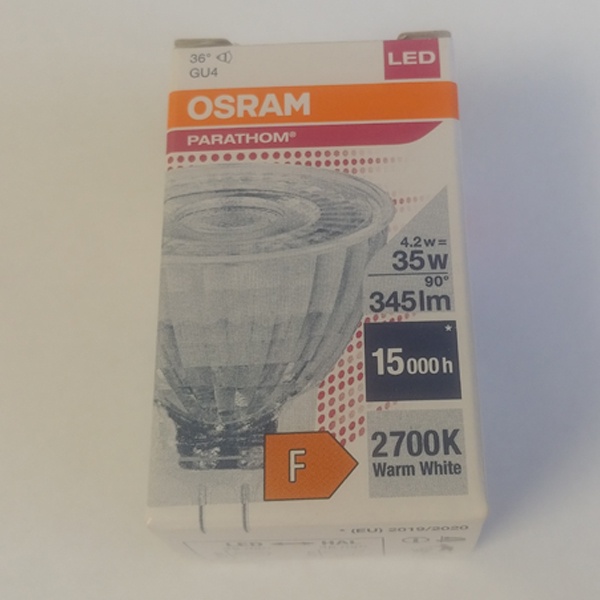 Светодиодная, диммируемая, низковольтная, лампочка акцентного освещения Осрам, мощностью 4,2 Ватта, с цоколем GU4, теплый свет