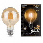 Лампа филаментная светодиодная Gauss G95 6W 2400K E27 550Lm золотой прямая нить