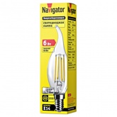 Лампа филаментная светодиодная свеча на ветру Navigator 61 357 NLL-F-FC35-6-230-4K-E14 6W 4000K