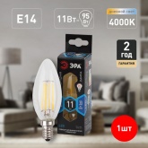 Лампа филаментная светодиодная свеча ЭРА F-LED B35 11W 840 4000K E14 прозрачная