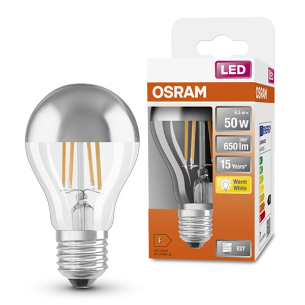 Лампочка Осрам с нитевидными светодиодами, мощностью 6,5 Ватт, с цоколем E27, теплый свет, с зеркальным отражателем