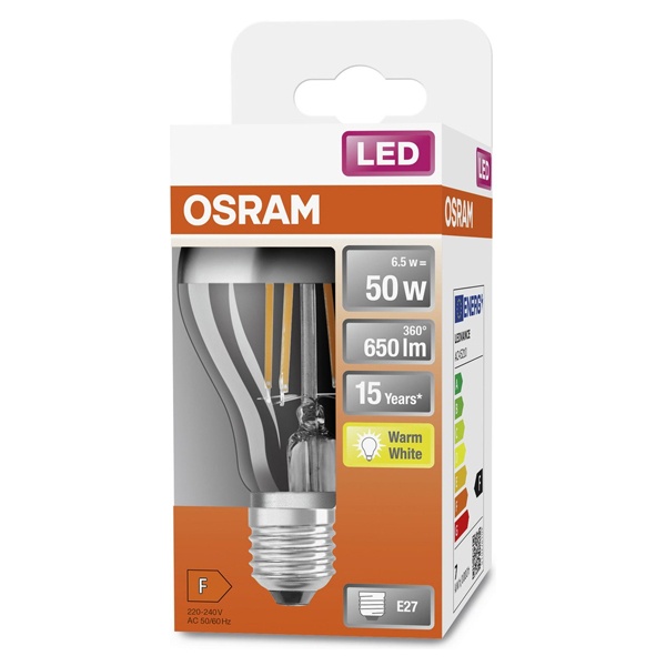 Лампочка Осрам с нитевидными светодиодами, мощностью 6,5 Ватт, с цоколем E27, теплый свет, с зеркальным отражателем