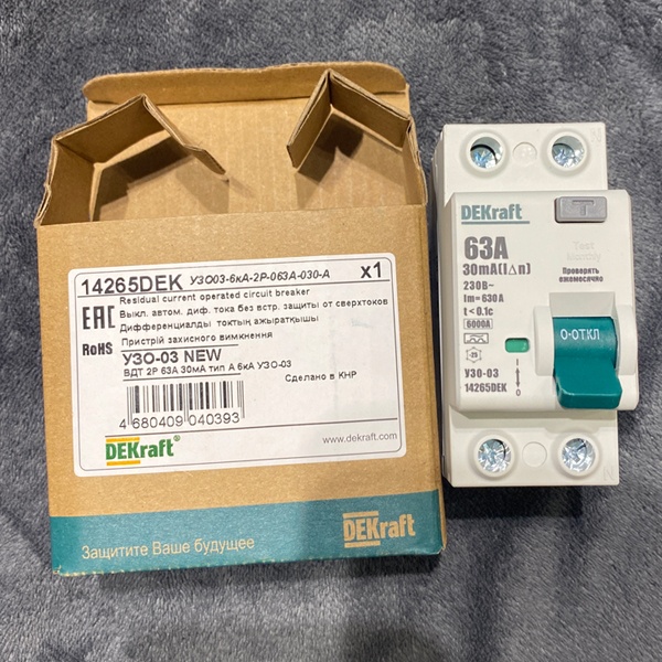 Устройство защитного отключения двухполюсное 30мА тип А, 63А, ток КЗ 6кА, Декрафт